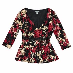 Y2K Floral Empire Waist Top Red & Black Boho Blouse Size Petite Small